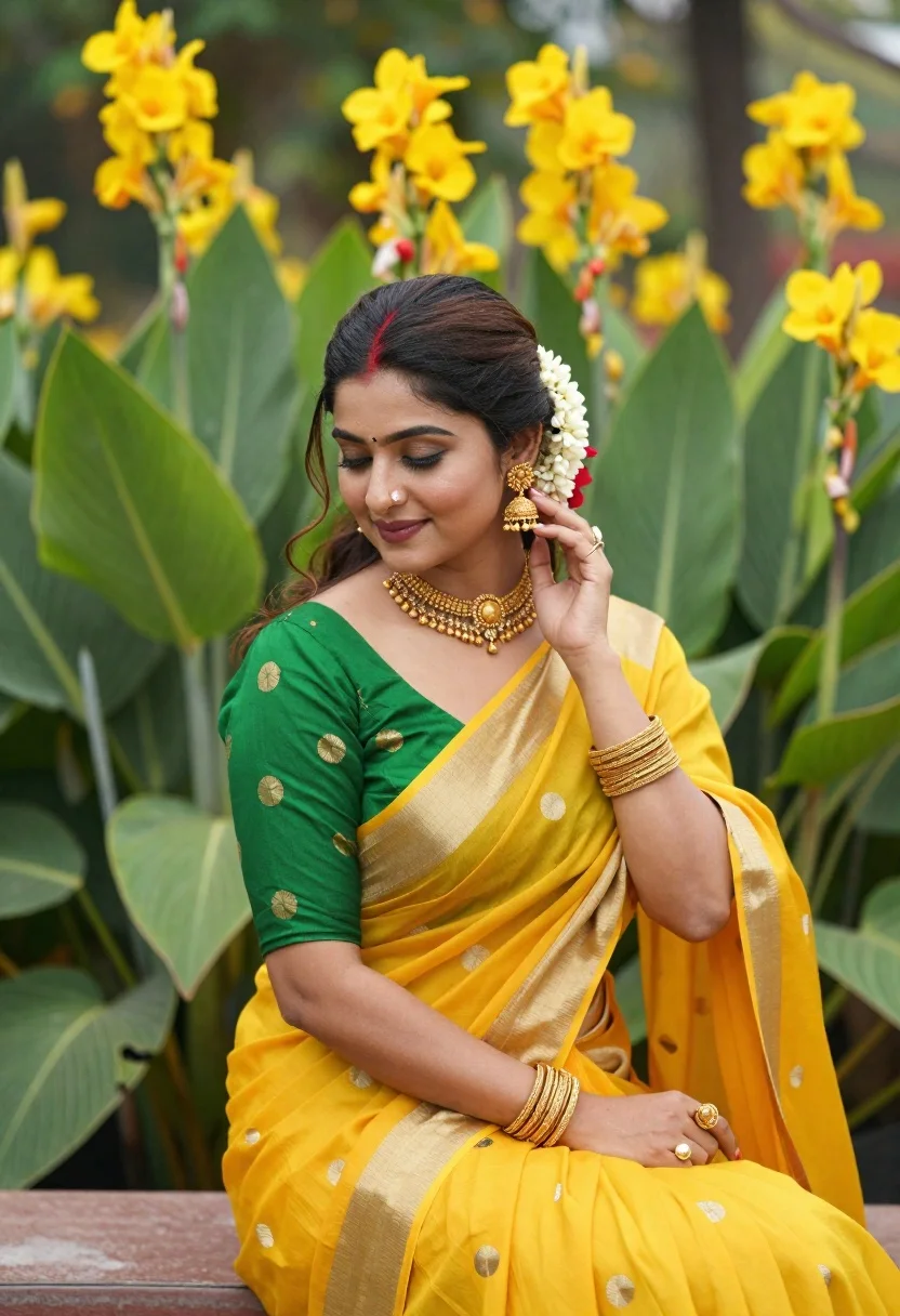 Woman in yellow saree sitting among green leaves and yellow flowers