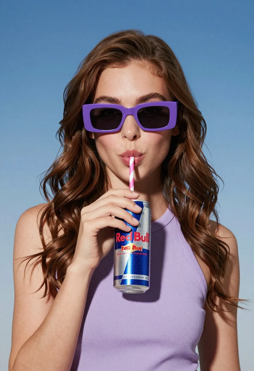 Stylish woman with brown hair sipping energy drink in light purple top - AI generated image prompt sample