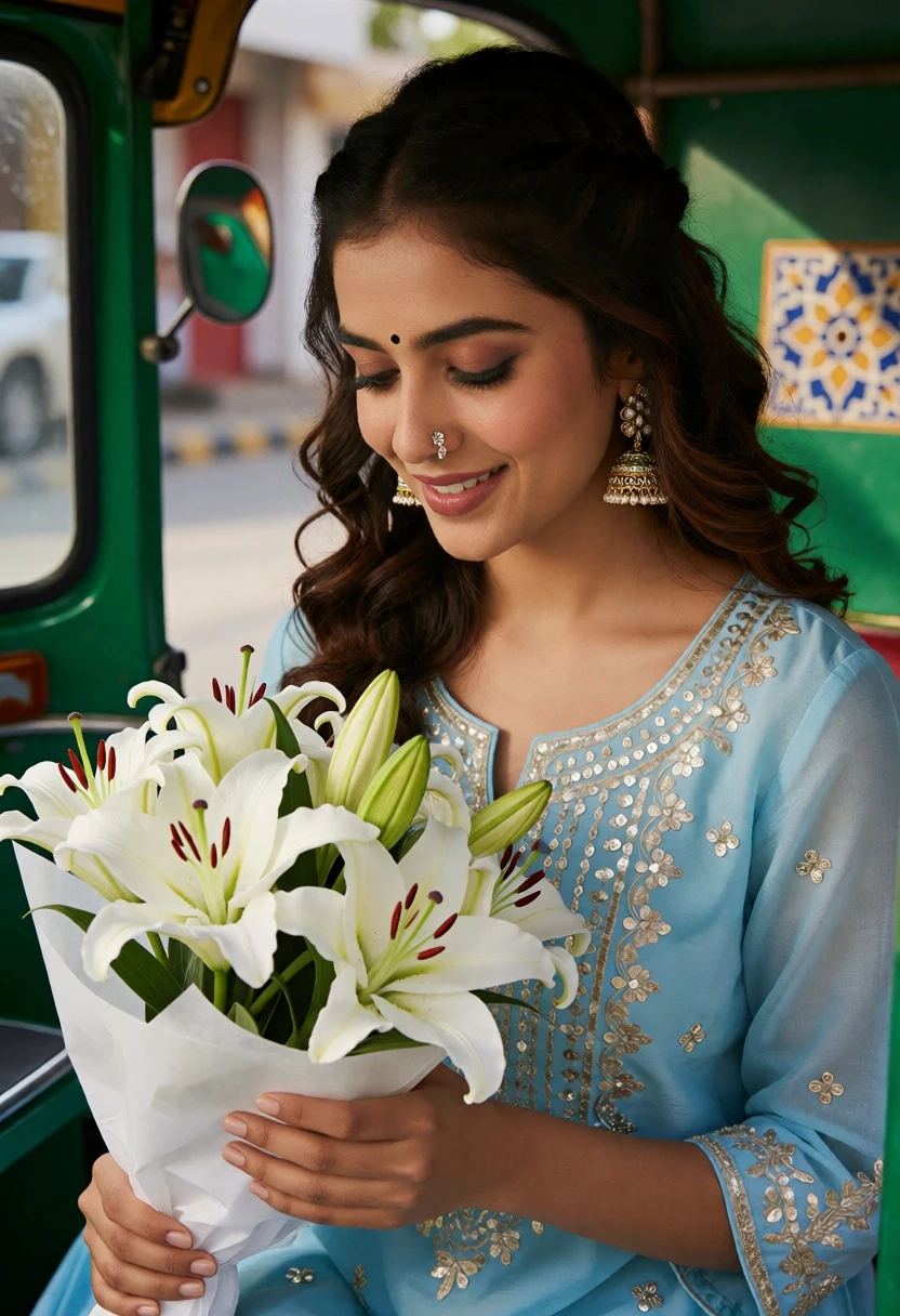 Young woman in embroidered kurta holding lilies inside green auto rickshaw - AI generated image prompt sample