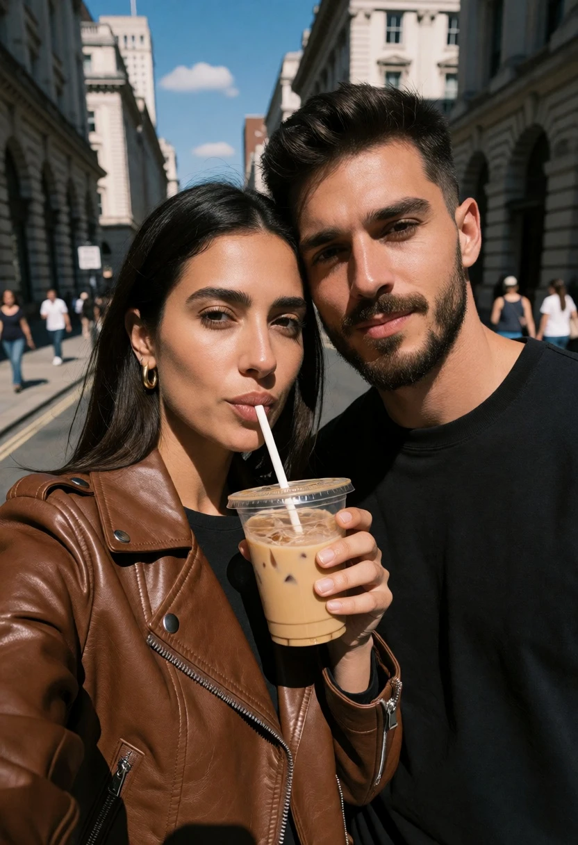 Couple selfie on a sunlit city street with classical architecture backdrop - AI generated image prompt sample