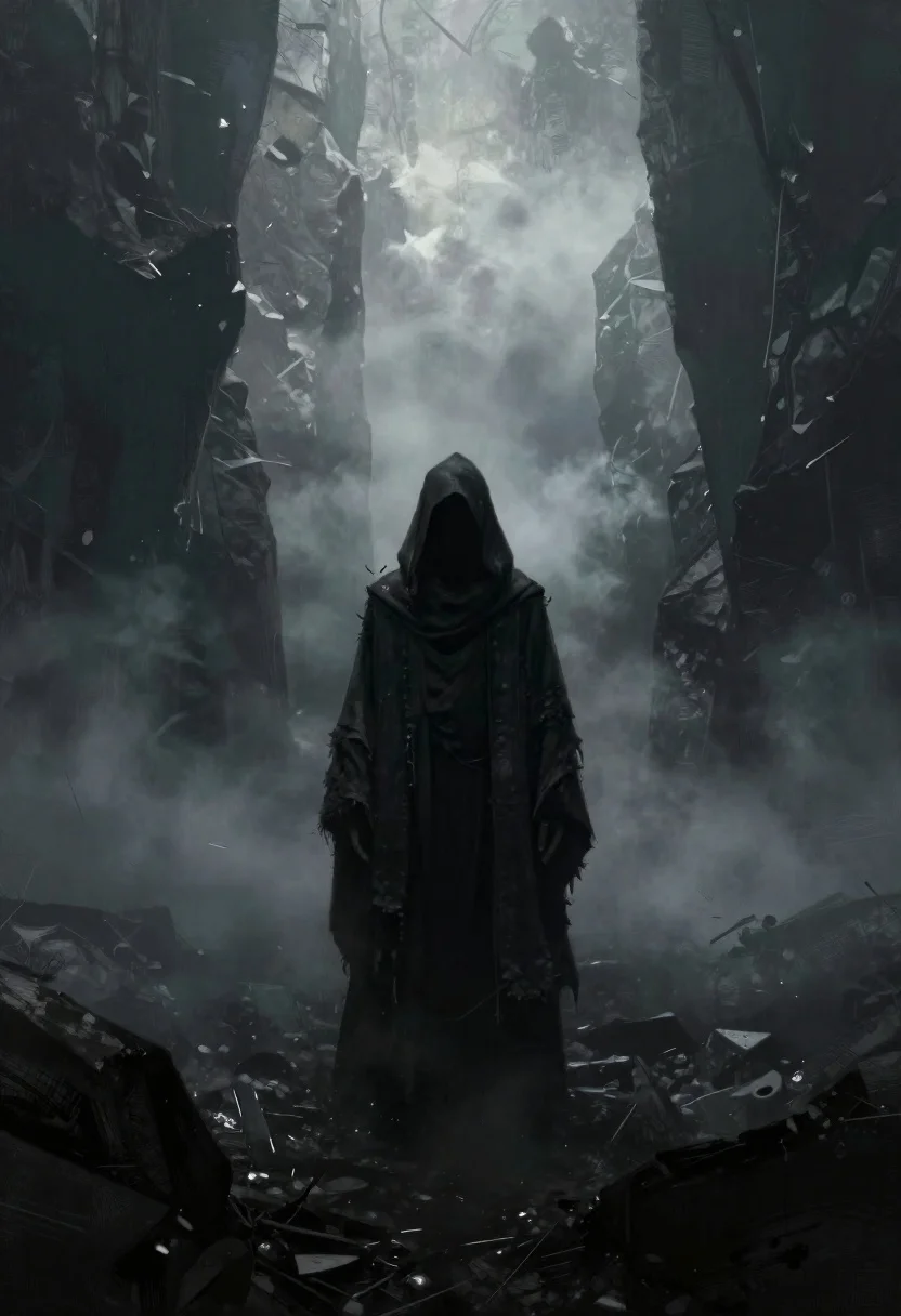 Hooded figure in misty dark canyon gorge