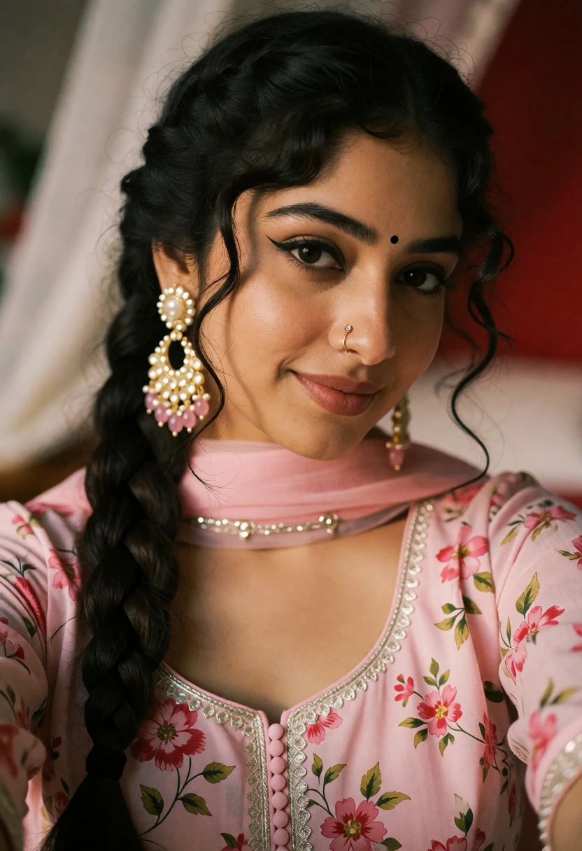 Close up portrait of young woman in pink traditional top with ornate - AI generated image prompt sample
