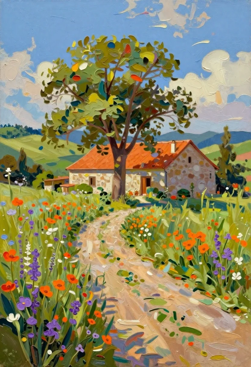 Oil painting of farmhouse in sundrenched rural landscape