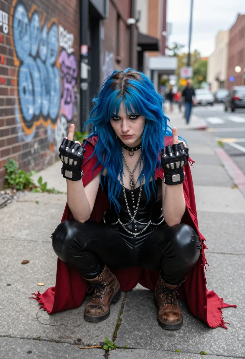 Young woman with blue hair crouching in graffiti covered urban alleyway setting - AI generated image prompt sample
