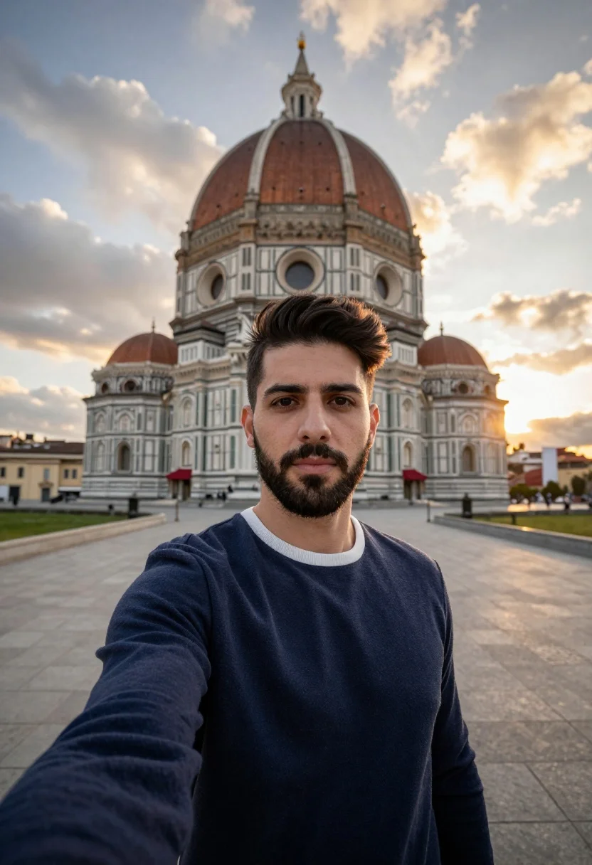 Selfie portrait of man in sweater before domed historic building at sunset - AI generated image prompt sample