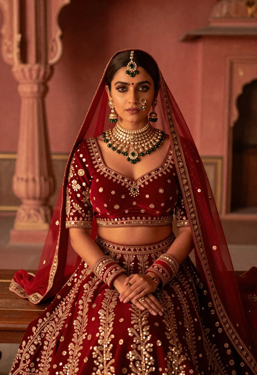 Regal woman in elaborate red and gold lehenga seated indoors