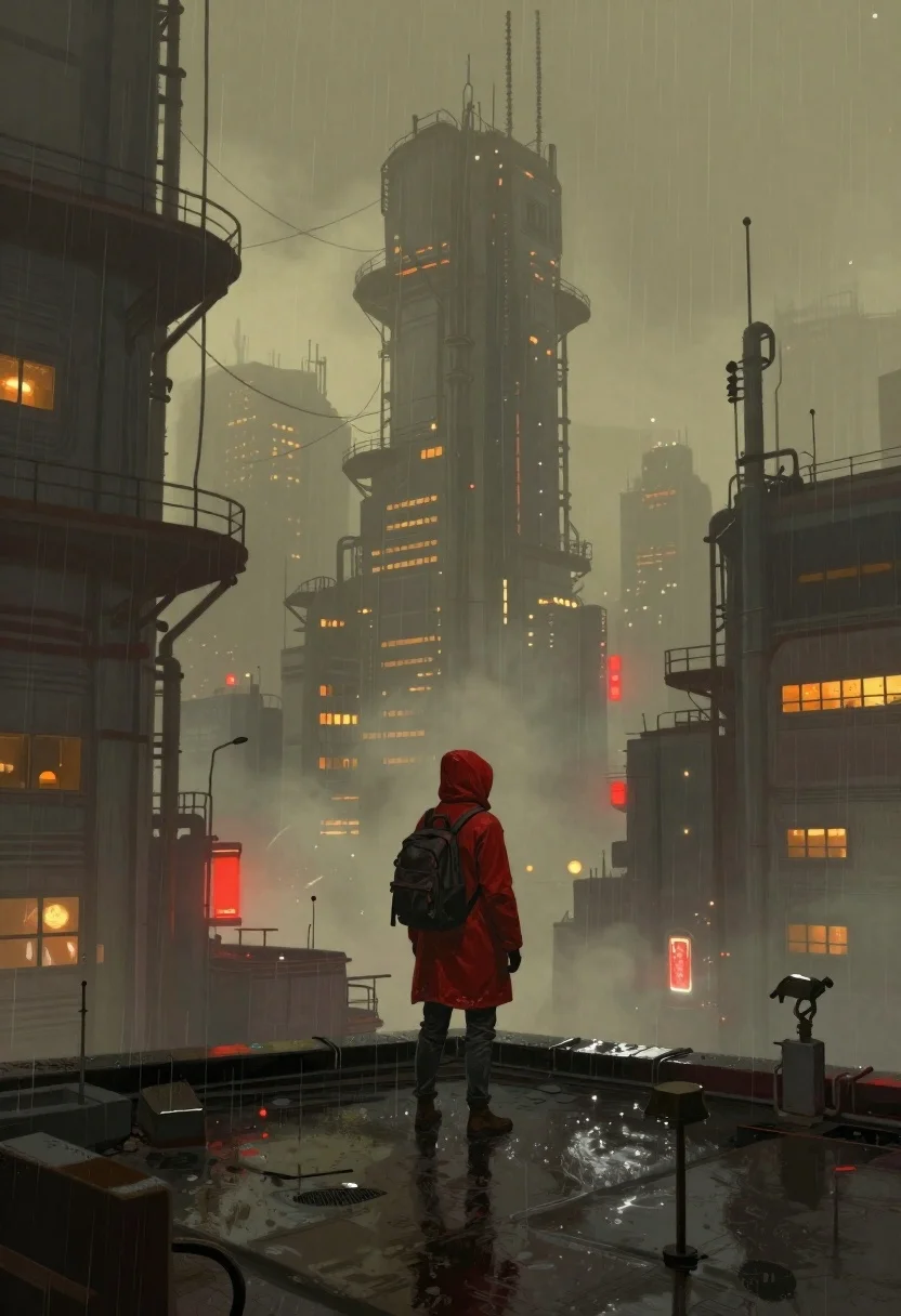 Lone figure on wet rooftop in cyberpunk cityscape