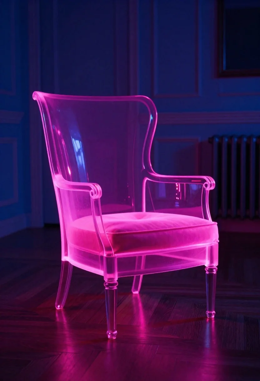 Neon glowing armchair in dimly lit elegant room