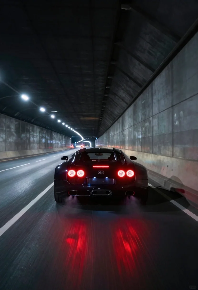 Black supercar speeding through a concrete tunnel at night