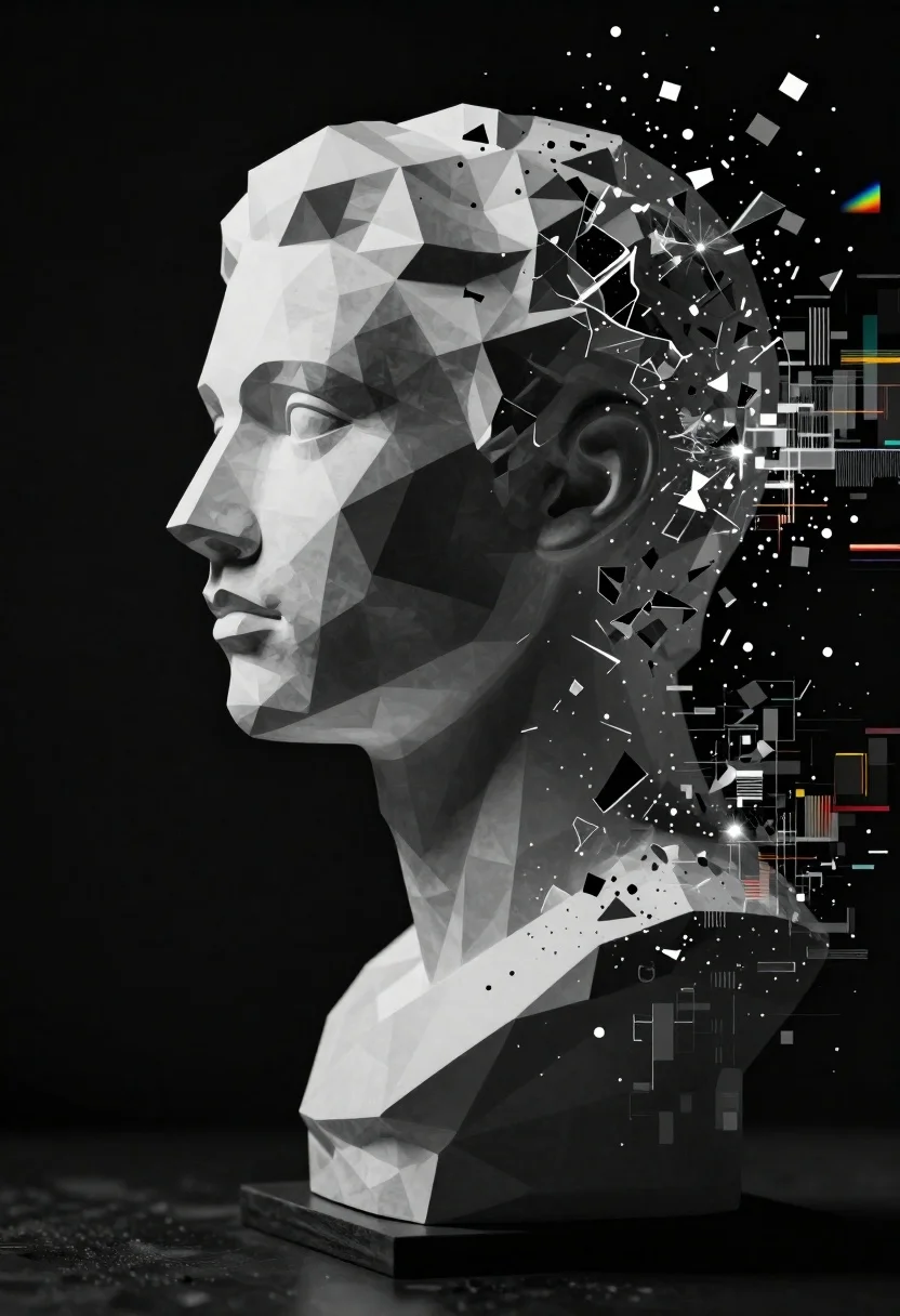 Low poly geometric bust fragmenting into digital glitch artifacts