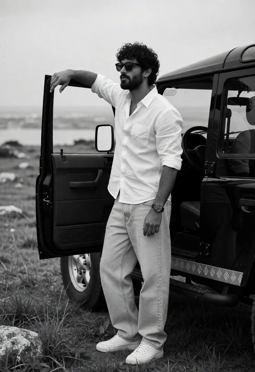 Man leaning on open suv door in rugged field under overcast sky - AI generated image prompt sample