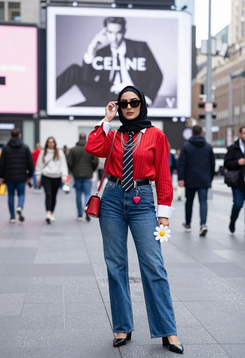 Stylish woman in hijab posing on busy city street with daisy flower - AI generated image prompt sample