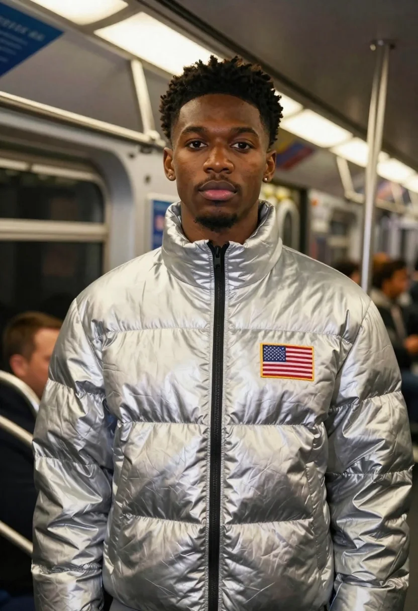 Black man in silver jacket inside moving subway car