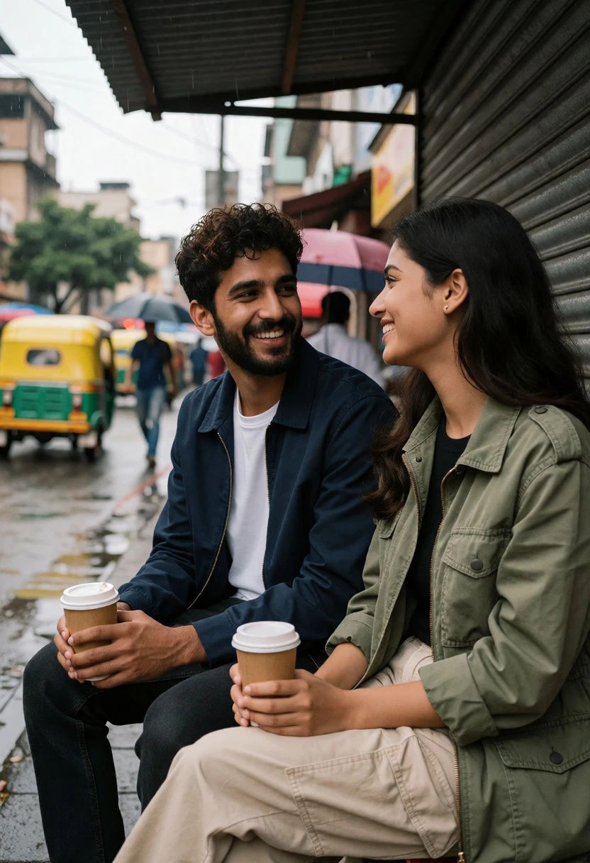 Couple sharing moment under shelter on wet city street with autorickshaws - AI generated image prompt sample