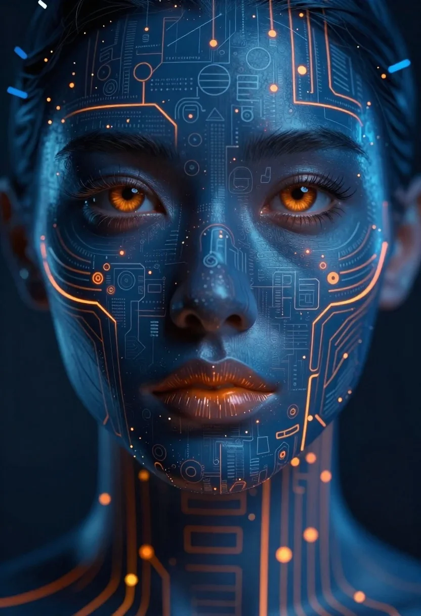 Digital portrait of person with blue circuitry skin - AI generated image prompt sample