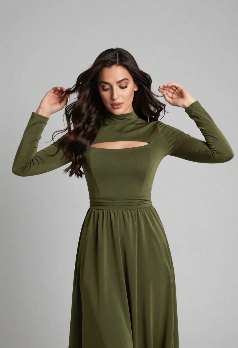Woman in olive green dress posing elegantly against a light grey studio