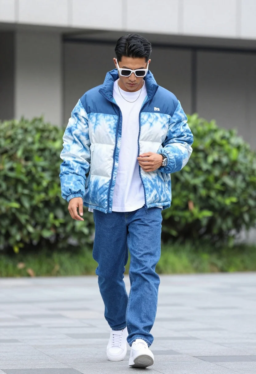Stylish man walking forward in tie dye puffer jacket on paved outdoor - AI generated image prompt sample