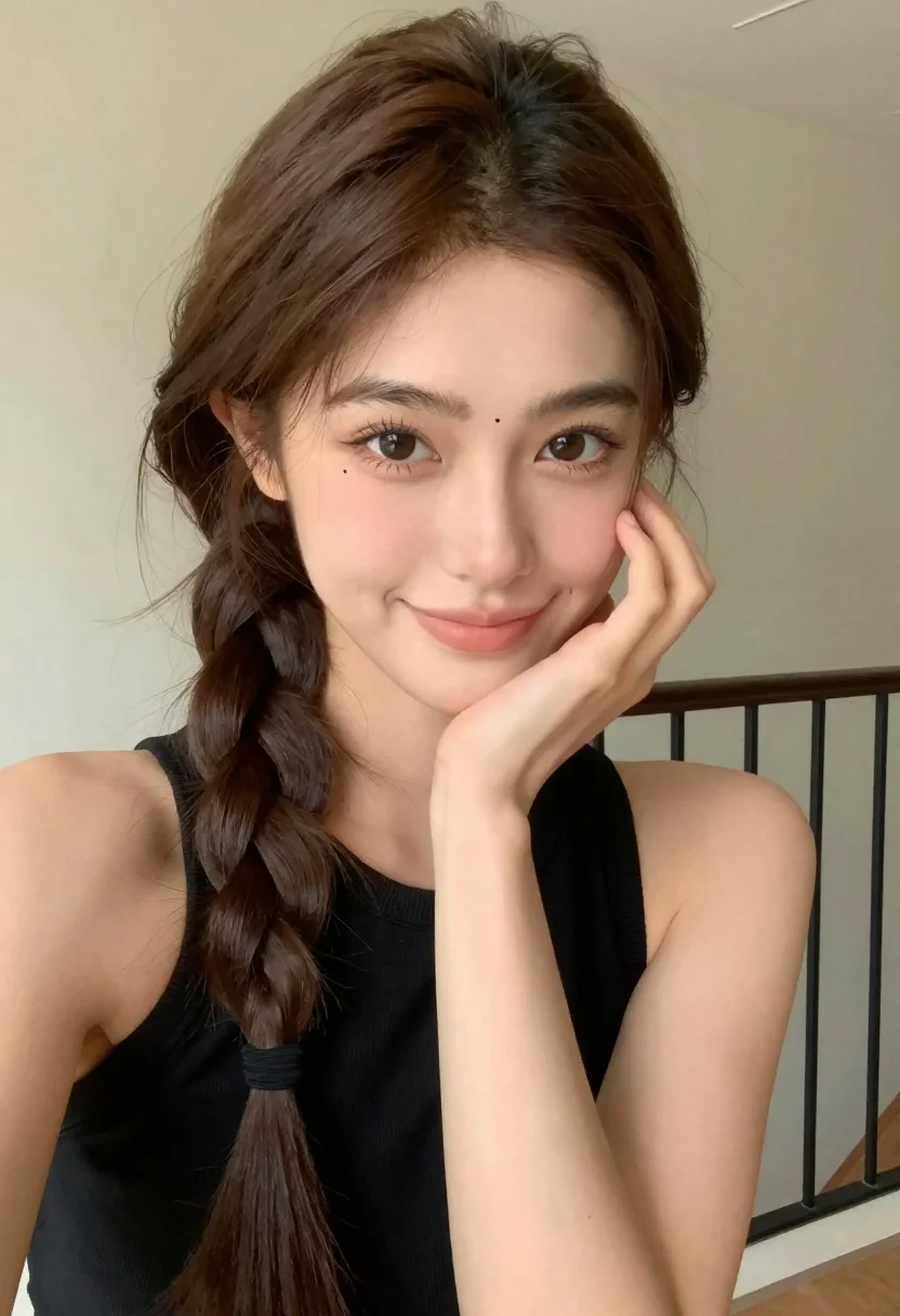 Close up portrait of young woman with brown braid indoors
