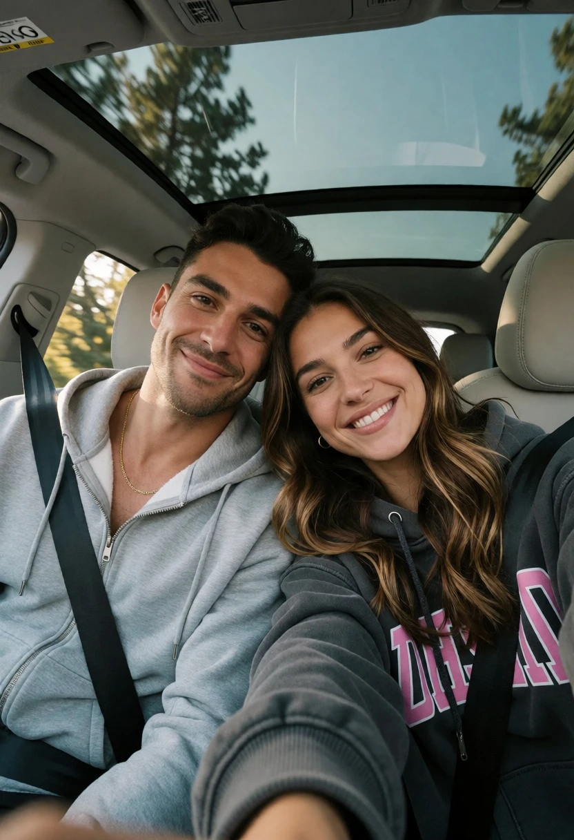 Couple selfie inside modern car showing passing trees through sunroof - AI generated image prompt sample