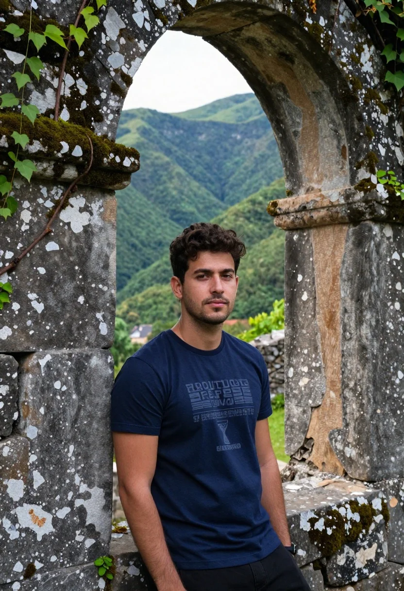Young man leaning against ancient stone wall with green mountains