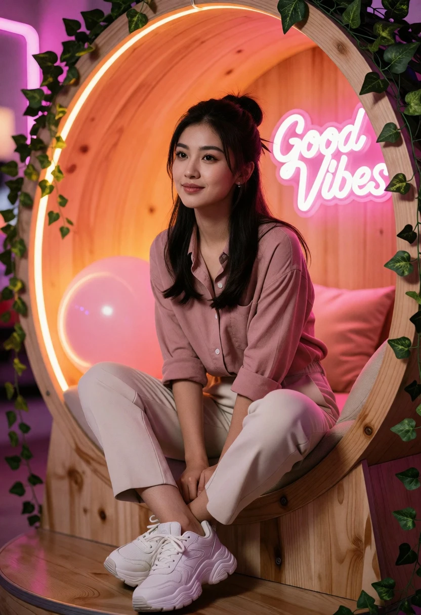 Young woman seated inside wooden pod with warm neon lighting - AI generated image prompt sample