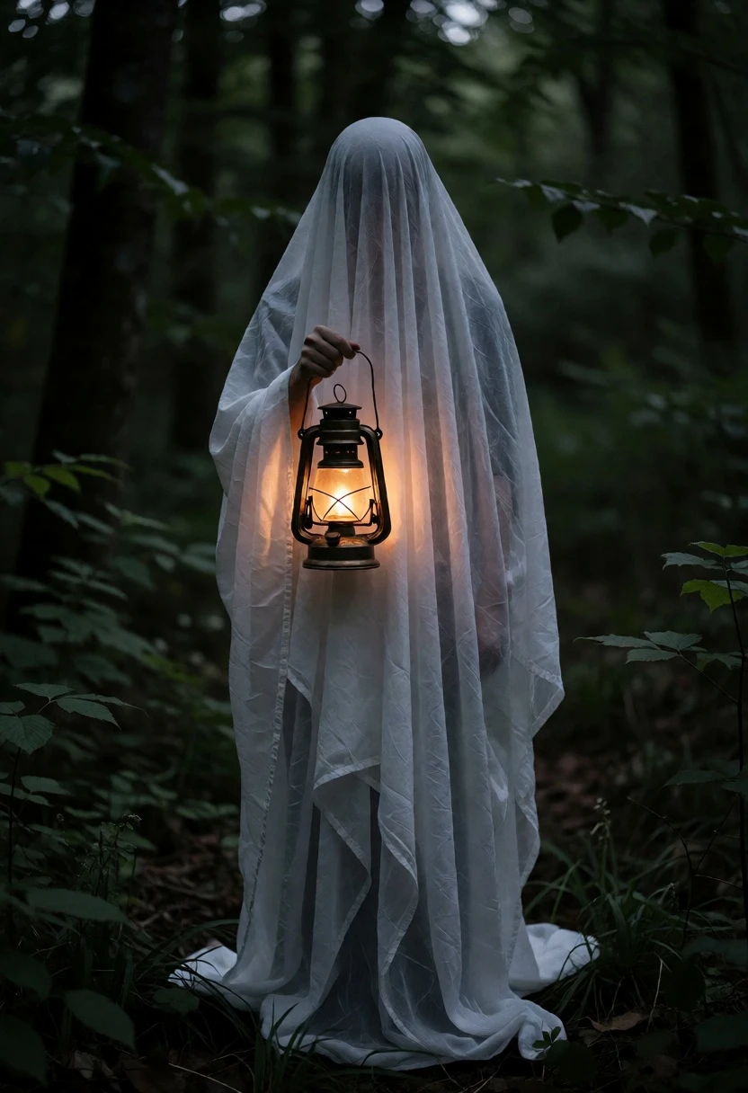 Mysterious faceless figure holding glowing lantern in a dense forest setting - AI generated image prompt sample
