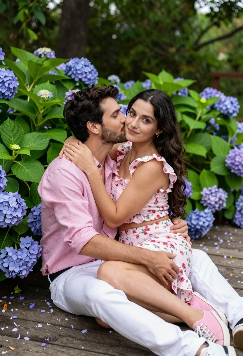 Romantic couple sitting on wooden deck surrounded by purple hydrangeas - AI generated image prompt sample