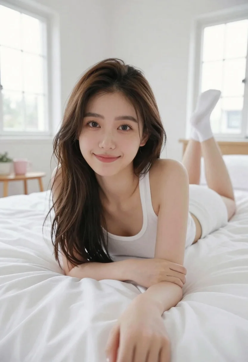 Young woman in white tank top lying on bed taking a selfie - AI generated image prompt sample