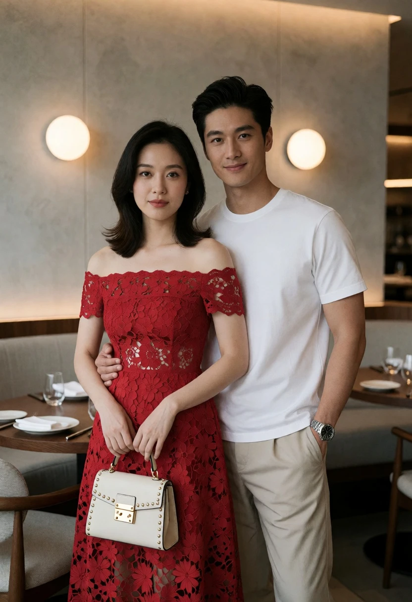 Couple embracing in upscale restaurant setting with red lace dress - AI generated image prompt sample