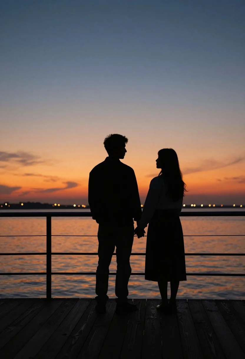 Romantic silhouette of couple holding hands on wooden pier at sunset - AI generated image prompt sample