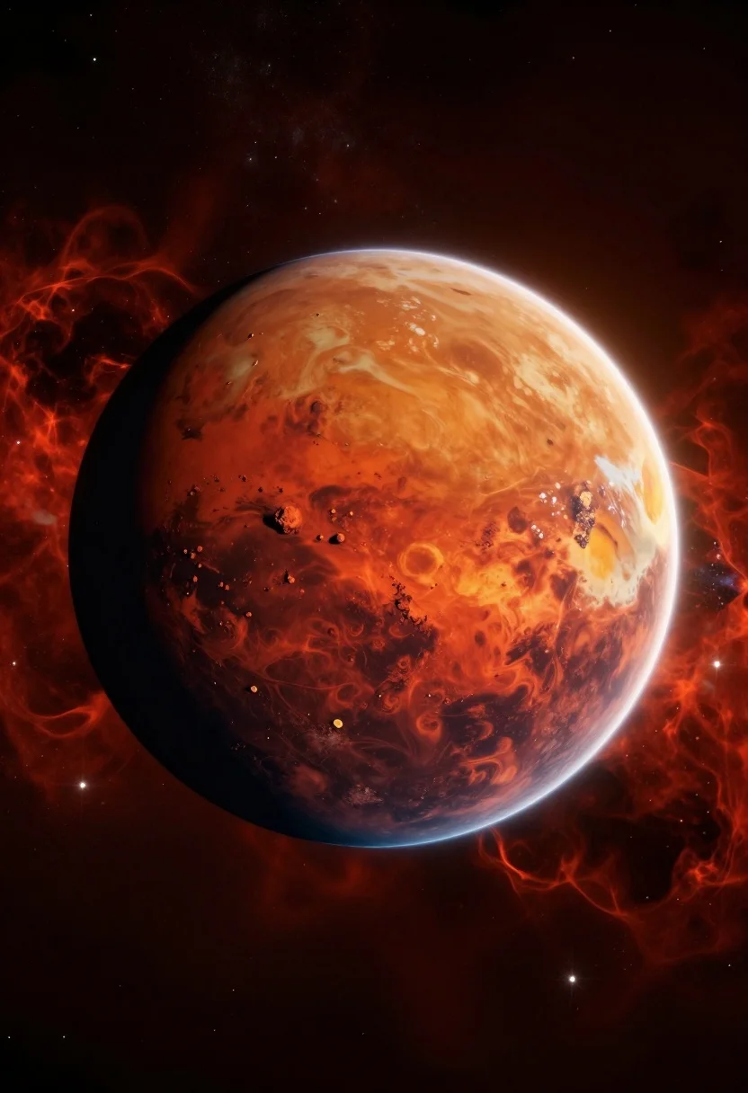 Hyperrealistic view of mars planet floating in deep space nebula - AI generated image prompt sample