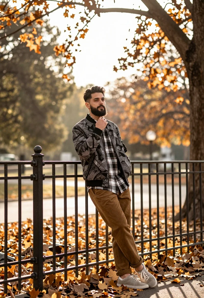 Man leaning against black fence in park with autumn leaves at golden - AI generated image prompt sample