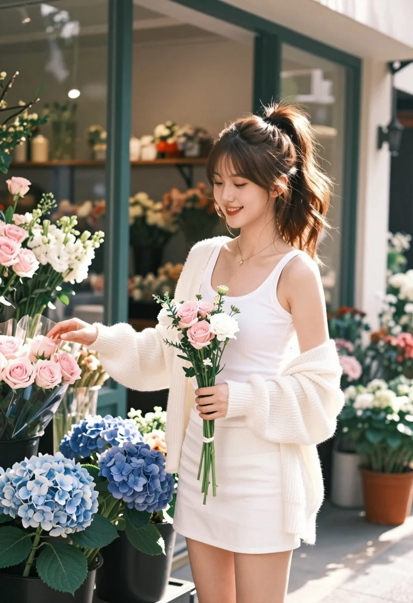 Young woman smiling with flowers in front of a colorful flower shop - AI generated image prompt sample