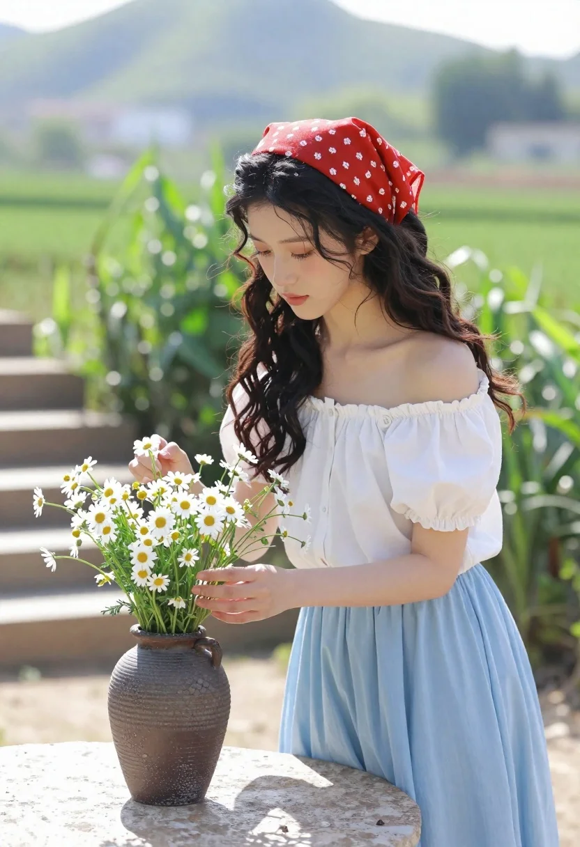 Young woman arranging wildflowers in vase on sunlit garden terrace - AI generated image prompt sample