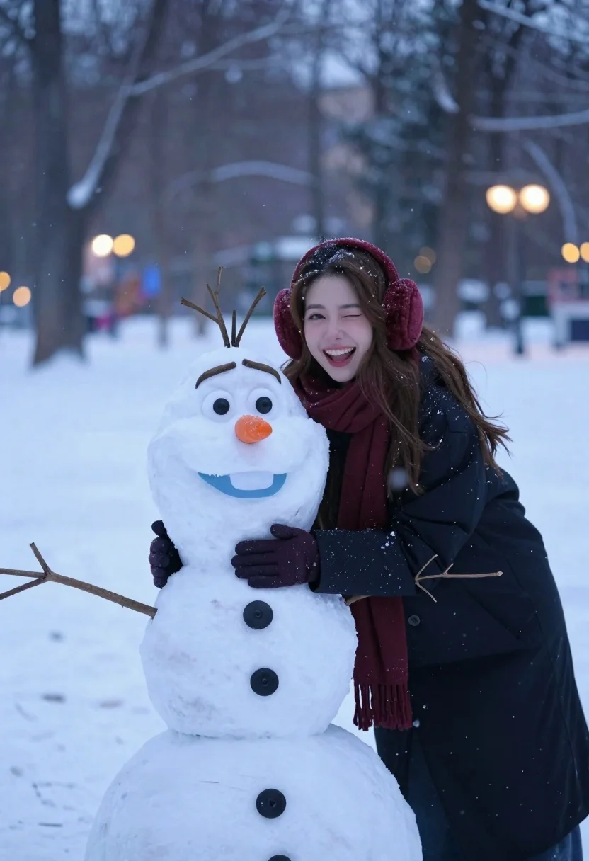 Joyful young woman winking against a snowman in snowy winter park - AI generated image prompt sample
