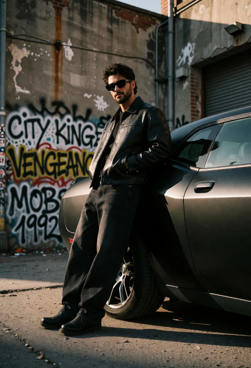 Man leaning on matte black dodge challenger in graffiti covered urban alleyway - AI generated image prompt sample