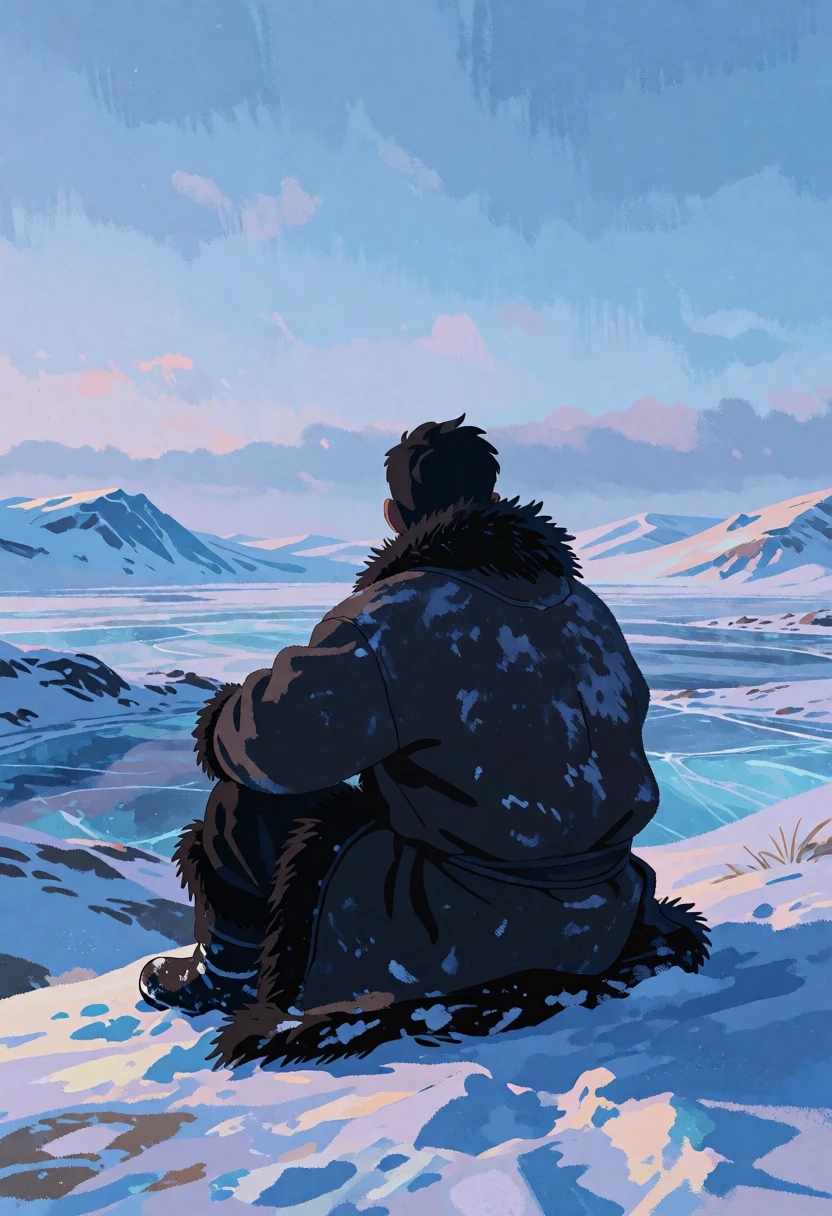 Solitary figure seated on snowy ridge overlooking vast frozen tundra landscape - AI generated image prompt sample
