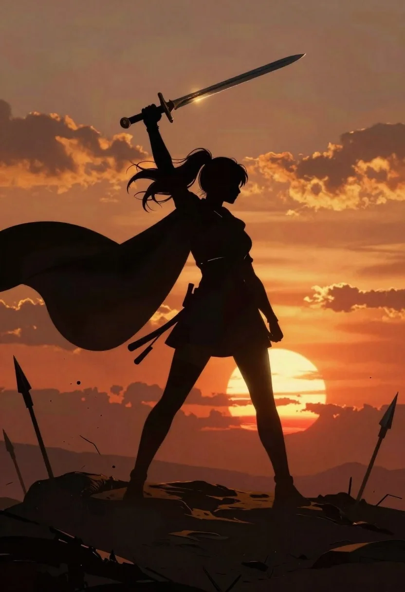 Warrior silhouette on rocky terrain against dramatic sunset