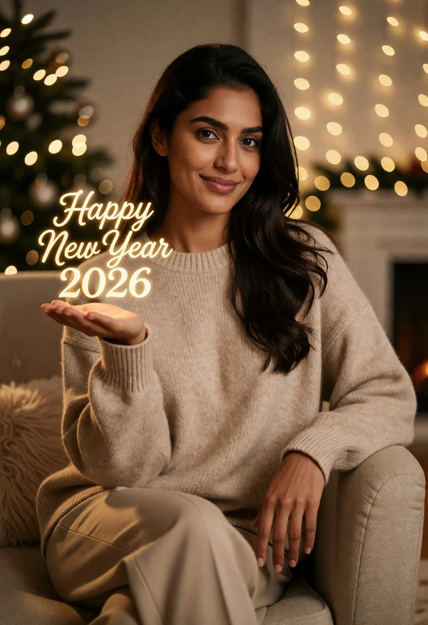 Young woman seated in beige armchair with golden new year text display - AI generated image prompt sample