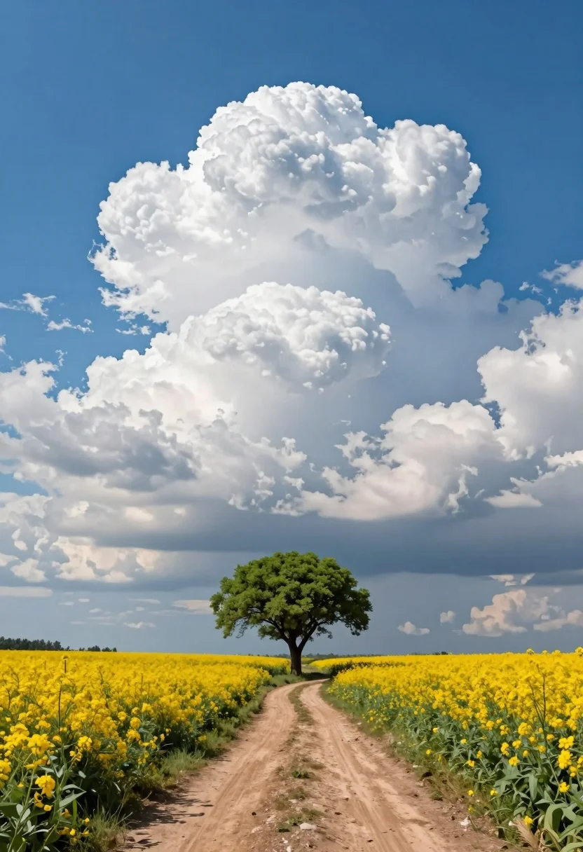 Surreal landscape with towering cumulus cloud over single tree on dirt path - AI generated image prompt sample