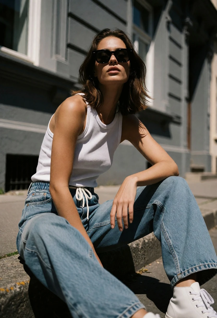 Young woman seated on stone ledge against grey building facade street style - AI generated image prompt sample