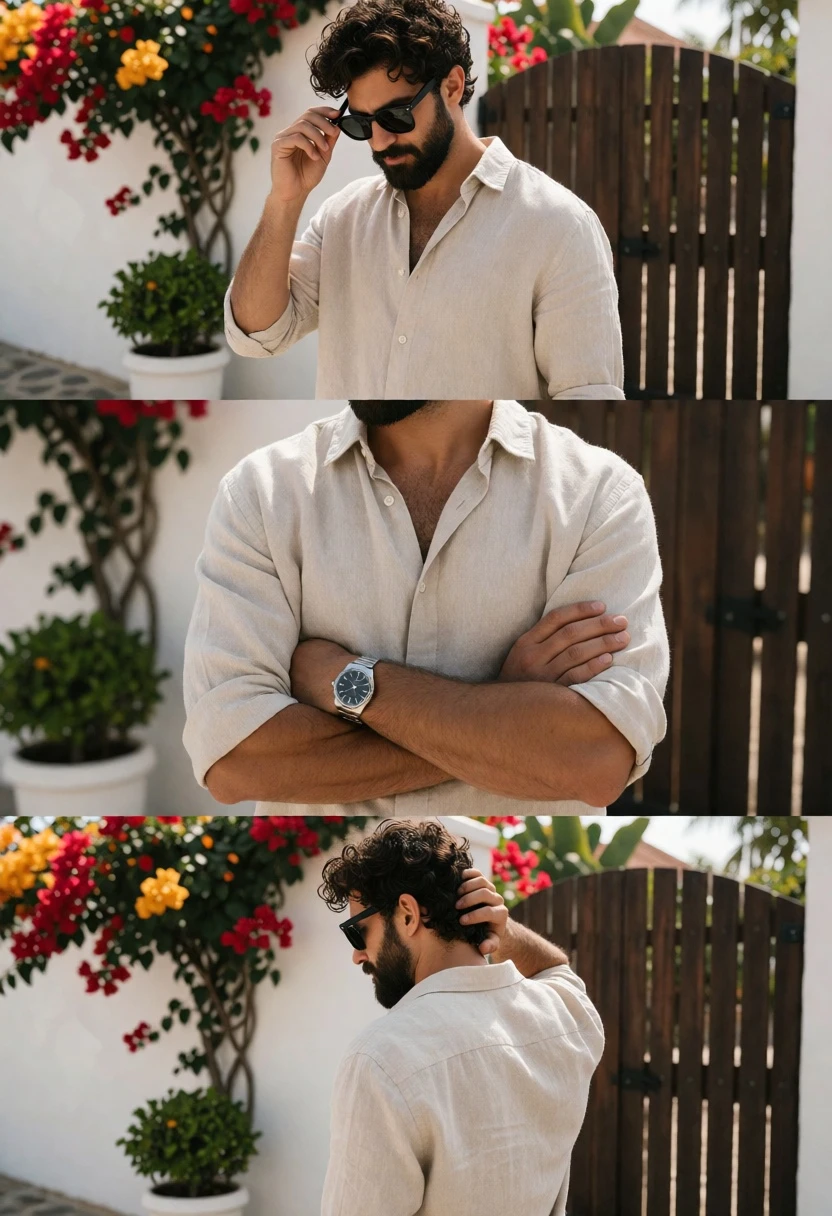 Man in beige linen shirt against white wall with bougainvillea flowers - AI generated image prompt sample