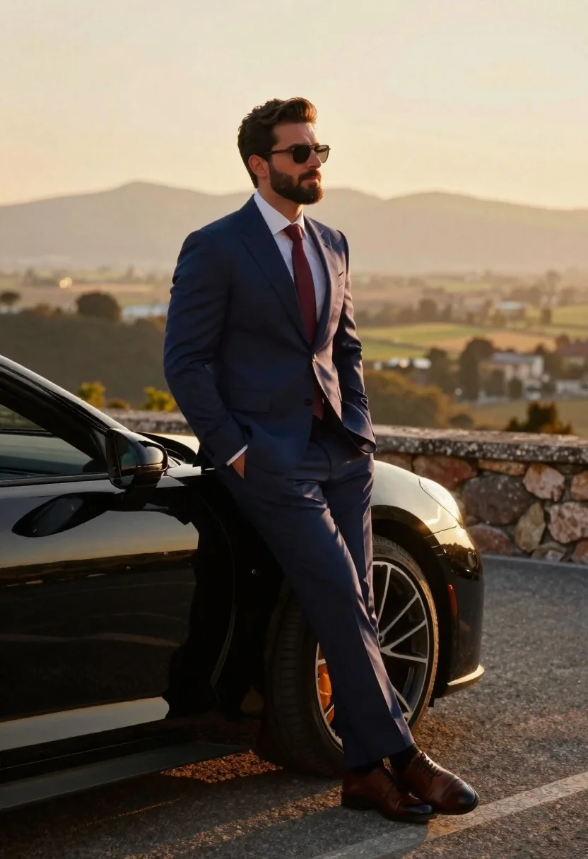 Stylish man in navy suit leaning on black sports car at sunset - AI generated image prompt sample