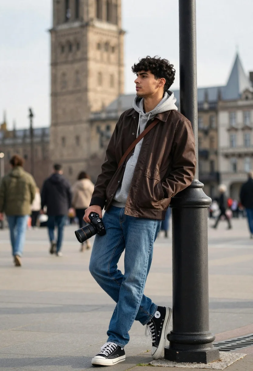 Young man leaning against lamp post in urban plaza with historic tower - AI generated image prompt sample