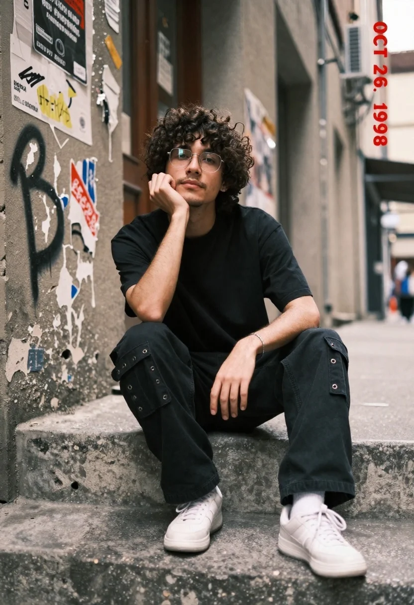 Young man with dark curly hair sitting on concrete steps in urban - AI generated image prompt sample