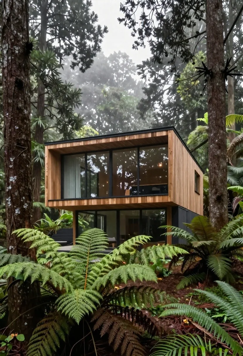Modern wooden house in a dense forest setting