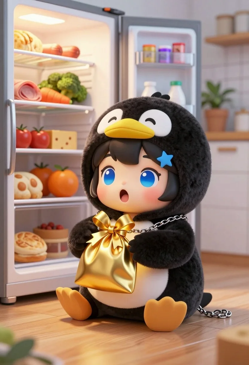 Chibi girl in penguin costume holding glowing gift bag in cozy kitchen - AI generated image prompt sample
