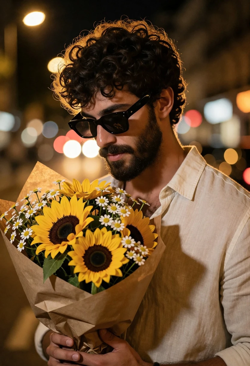 Man with dark curly hair holding sunflowers on a blurred city street - AI generated image prompt sample