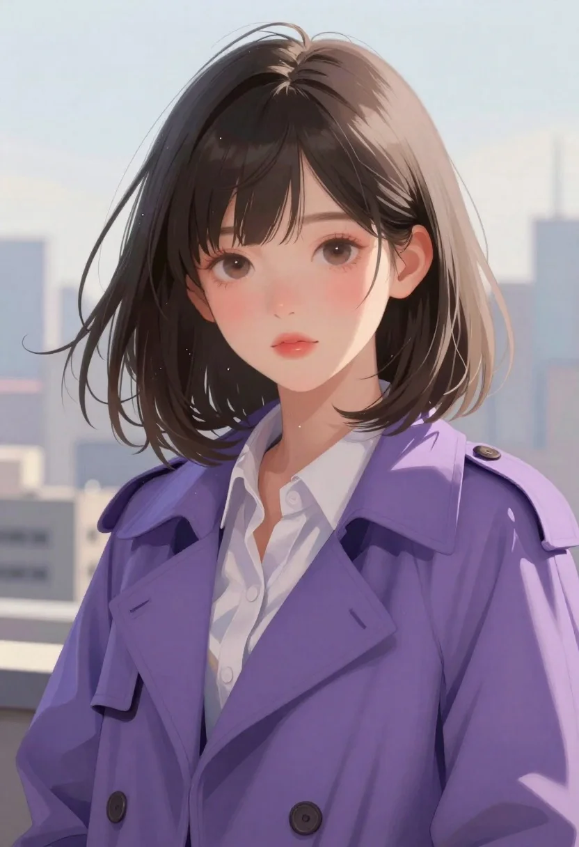 Young woman with dark bob in purple trench coat
