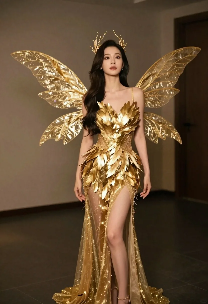 Woman in golden fairy costume with wings standing in dimly lit room - AI generated image prompt sample
